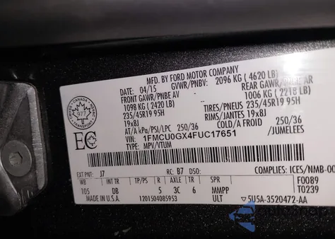 2015 Ford Escape Se из США, поврежденный, VIN 1FMCU0GX4FUC17651